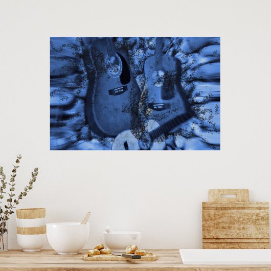 Rockgitaren veranderen in de blauwe diepten poster (Keuken)