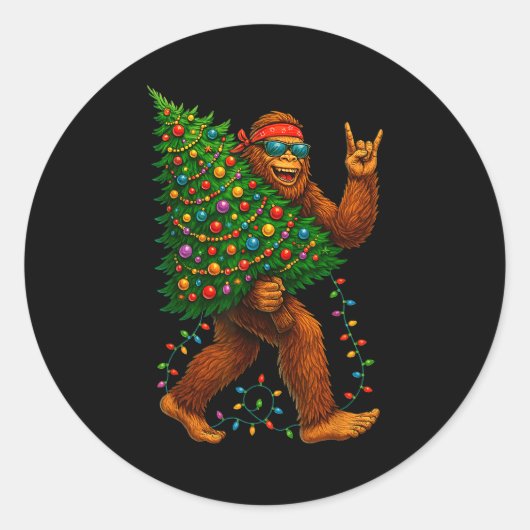 Rockin Christmas Bigfoot Carrying Tree Fun Xmas Ro Ronde Sticker (Voorkant)