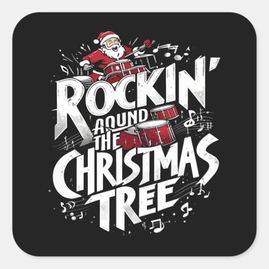 Rockin' Christmas Tree Text Drummer Vierkante Sticker (Voorkant)