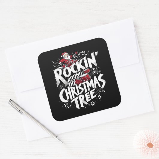 Rockin' Christmas Tree Text Drummer Vierkante Sticker (Envelop)