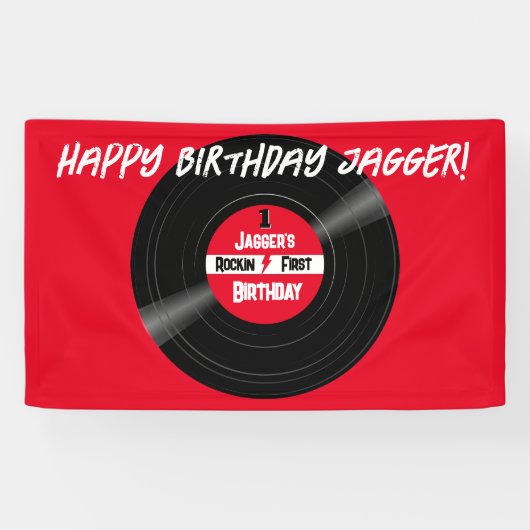 Rockin Happy Birthday Vinyl Record Rood Spandoek (Horizontaal)