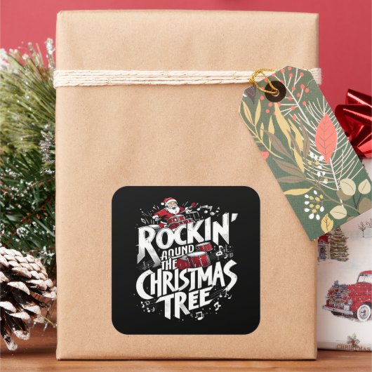 Rockin' Kerstboom Tekst Drummer Vierkante Sticker (Feestdagen)