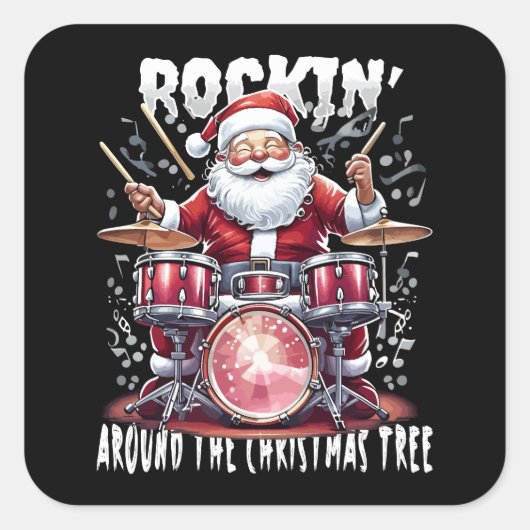Rockin' Santa Drummer Christmas Tree Vierkante Sticker (Voorkant)