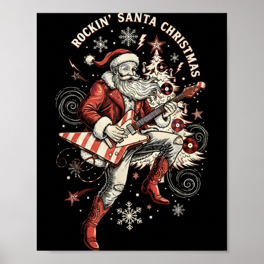 Rockin Santa Playing Guitar Funny Christmas Retro  Poster (Voorkant)
