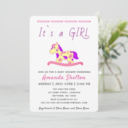 Rocking Horse Baby Girl Douche Uitnodiging (Staand voorkant)