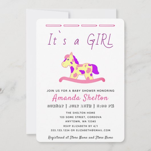 Rocking Horse Baby Girl Douche Uitnodiging (Voorkant)