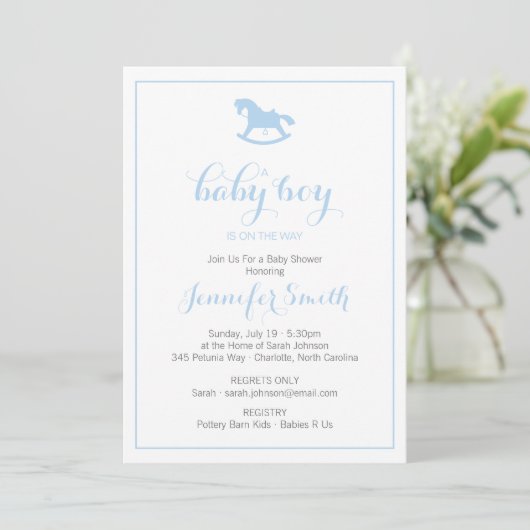 Rocking Horse Baby shower Invitation Blue Kaart (Staand voorkant)