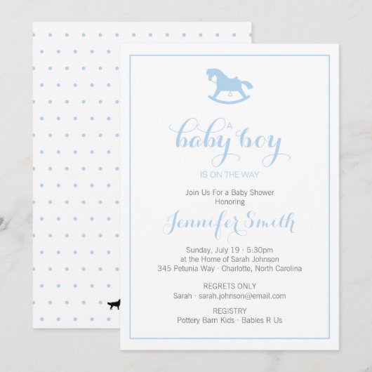 Rocking Horse Baby shower Invitation Blue Kaart (Voorkant / Achterkant)