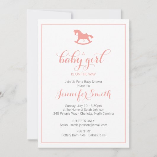Rocking Horse Baby shower Invitation Coral Kaart (Voorkant)