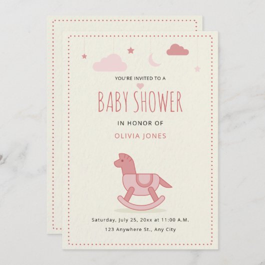 Rocking Horse Baby shower Uitnodigen, Meisje Baby Kaart (Voorkant / Achterkant)