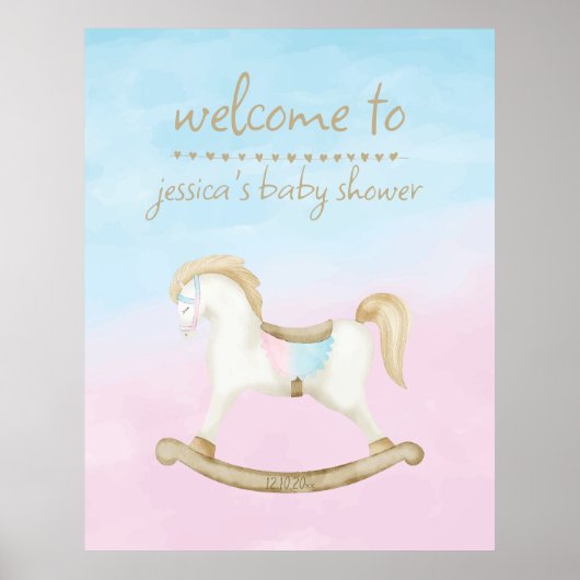 Rocking Horse Blauw Roze Geslacht Baby Welkomstbor Poster (Voorkant)