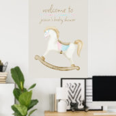 Rocking Horse Blauw Roze Geslacht Baby Welkomstbor Poster (Thuiskantoor)
