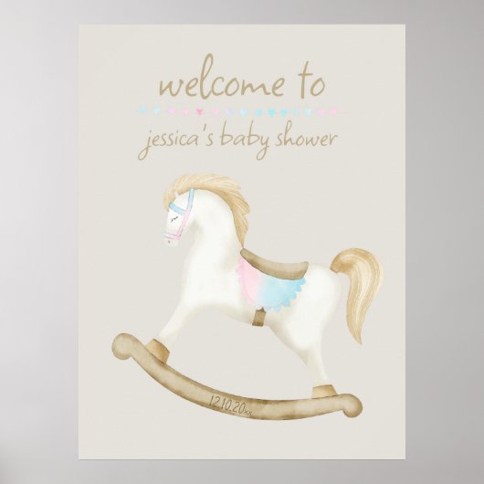 Rocking Horse Blauw Roze Geslacht Baby Welkomstbor Poster (Voorkant)