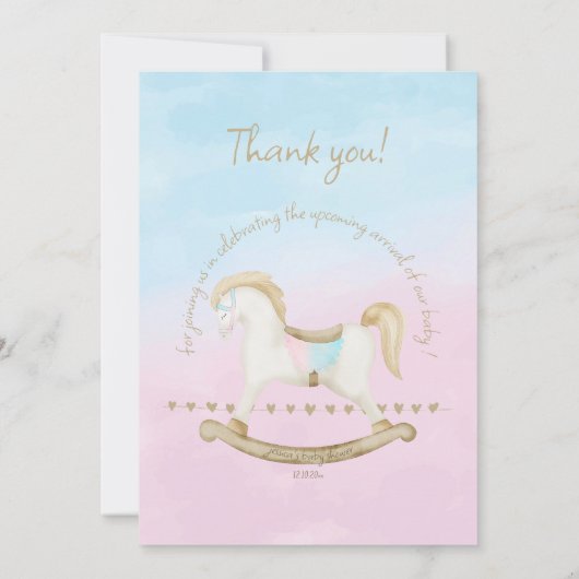 Rocking Horse Blauw Roze Geslachtsneutraal Baby sh Bedankkaart (Achterkant)