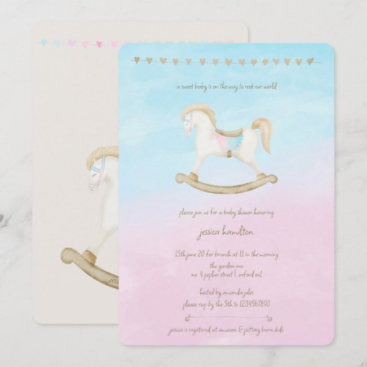Rocking Horse Blauw Roze Geslachtsneutraal Baby sh Kaart (Voorkant / Achterkant)