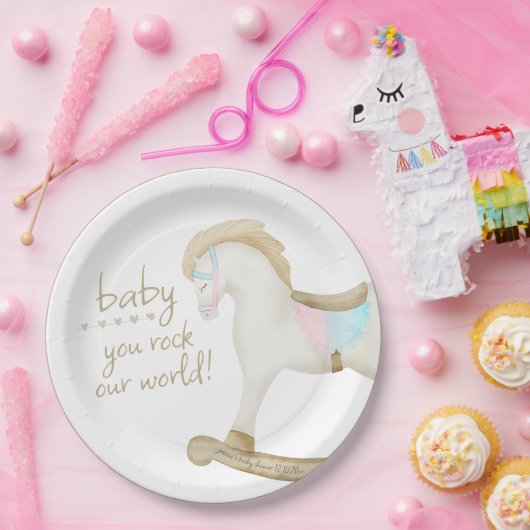 Rocking Horse Blauw Roze Geslachtsneutraal Baby sh Papieren Bordje (Feest)