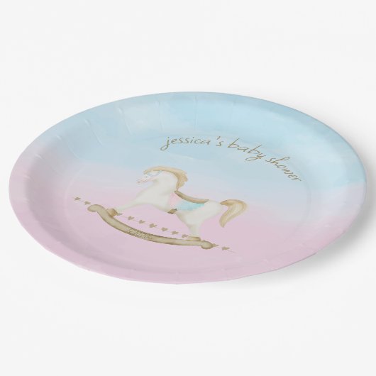 Rocking Horse Blauw Roze Geslachtsneutraal Baby sh Papieren Bordje (Gekanteld)