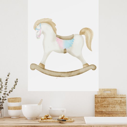 Rocking Horse Blauw Roze Geslachtsneutraal Baby sh Poster (Keuken)