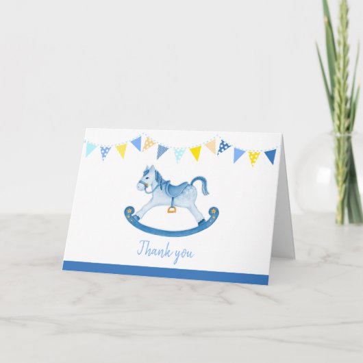 Rocking horse blue baby shower dank u kaart (Voorkant)
