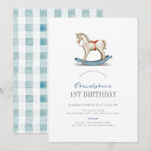 Rocking Horse Blue Boy 1st Birthday Kaart