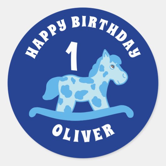 Rocking Horse Blue Boy Birthday Party Ronde Sticker (Voorkant)