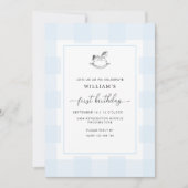 Rocking Horse Blue Gingham 1e verjaardag Uitnodigi Kaart (Voorkant)