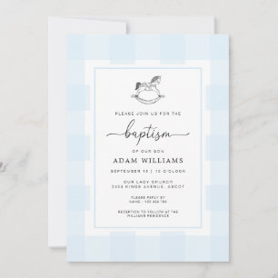 Rocking Horse Blue Gingham Baptism Invitation Kaart