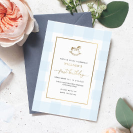 Rocking Horse Blue Gingham Birthday Folie Invite Folie Uitnodiging