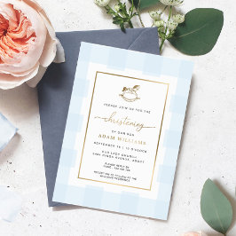 Rocking Horse Blue Gingham Christening Folie Invit Uitnodiging