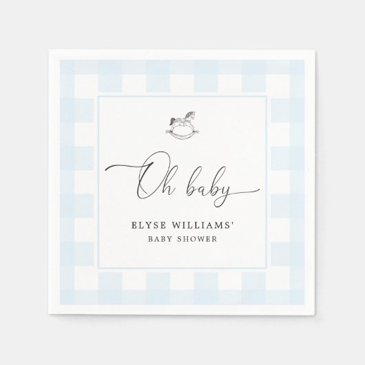 Rocking Horse Blue Gingham Oh Baby Paper Napkin Servet (Voorkant)