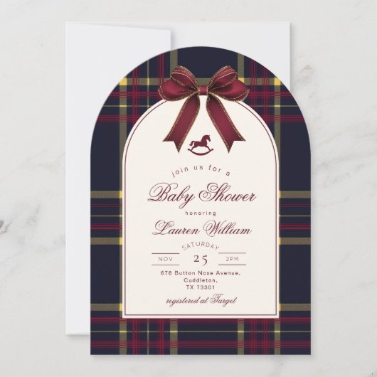 Rocking Horse Christmas Plaid Bow Baby shower Kaart (Voorkant)
