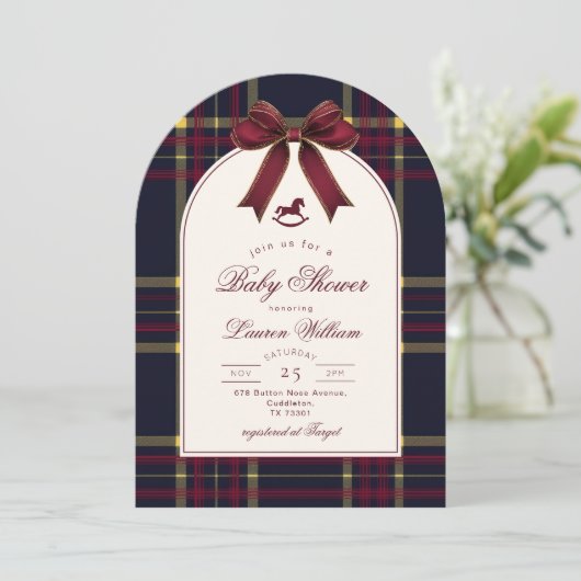 Rocking Horse Christmas Plaid Bow Baby shower Kaart (Staand voorkant)
