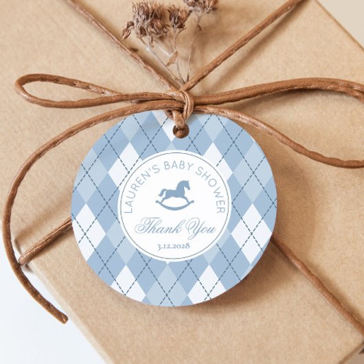 Rocking Horse Classic Argyle Blue Baby shower Bedankjes Labels