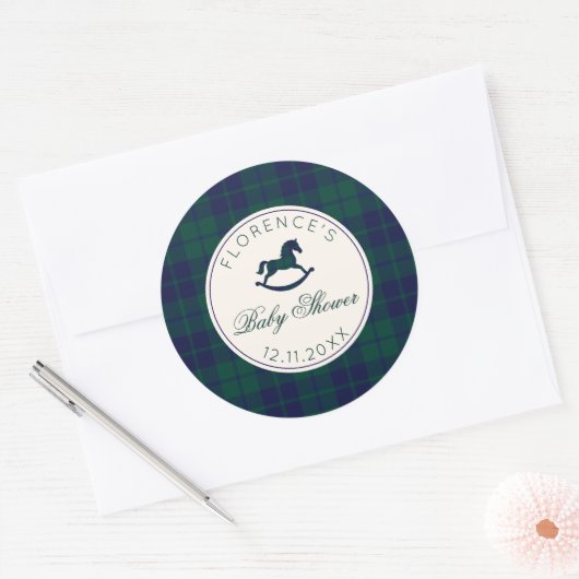 Rocking Horse Classic Plaid Baby shower Ronde Sticker (Envelop)