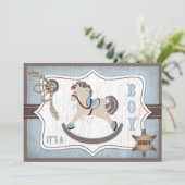Rocking Horse Cowboy Baby shower Blue Kaart (Staand voorkant)