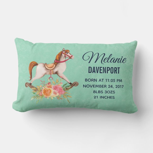  Rocking Horse en Floral Bouquet Baby Birth Kussen (Voorkant)