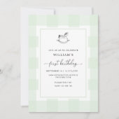 Rocking Horse Green Gingham 1st Birthday Invite Kaart (Voorkant)