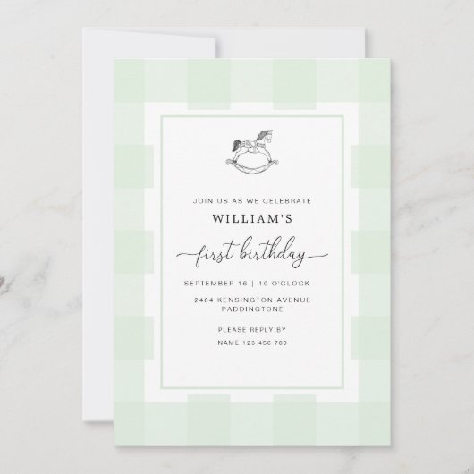 Rocking Horse Green Gingham 1st Birthday Invite Kaart