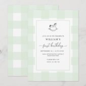 Rocking Horse Green Gingham 1st Birthday Invite Kaart (Voorkant / Achterkant)