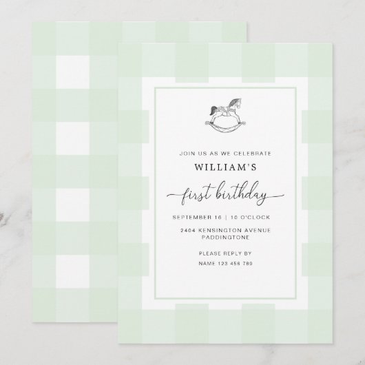 Rocking Horse Green Gingham 1st Birthday Invite Kaart (Voorkant / Achterkant)