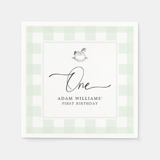 Rocking Horse Green Gingham 1st Birthday Napkins Servet (Voorkant)