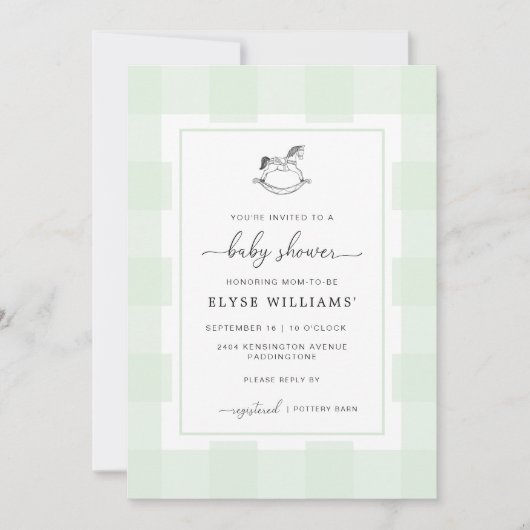 Rocking Horse Green Gingham Baby shower Invitation Kaart (Voorkant)