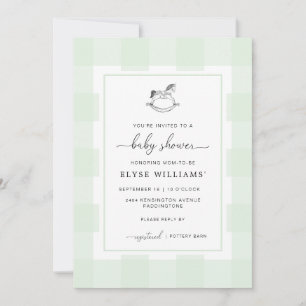Rocking Horse Green Gingham Baby shower Invitation Kaart