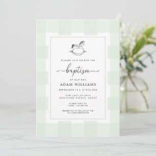 Rocking Horse Green Gingham Baptism Invitation Kaart