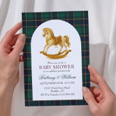 Rocking Horse Green Plaid Baby shower Kaart