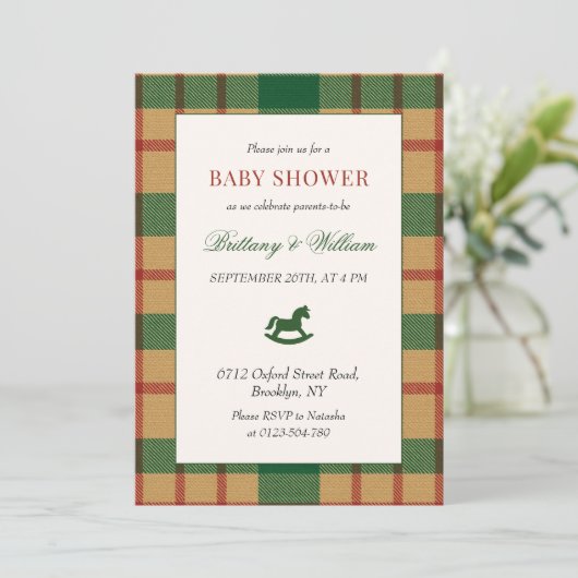 Rocking Horse Holiday Plaid Baby Shower Kaart (Staand voorkant)