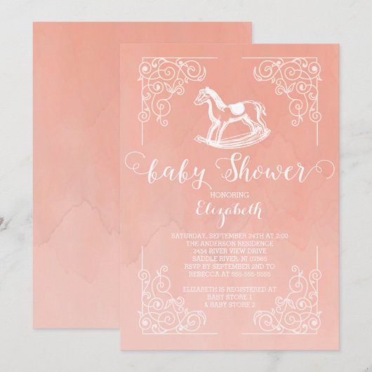  Rocking Horse Meisjes Baby shower Uitnodiging (Voorkant / Achterkant)