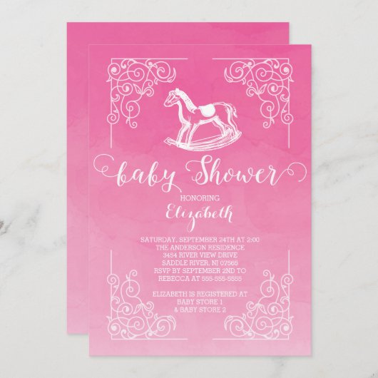  Rocking Horse Meisjes Baby shower Uitnodiging (Voorkant / Achterkant)