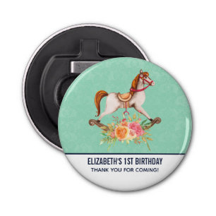 Rocking Horse met Floral Bouquet Birthday Button Flesopener