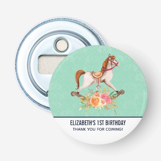  Rocking Horse met Floral Bouquet Birthday Button Flesopener (Voorkant)
